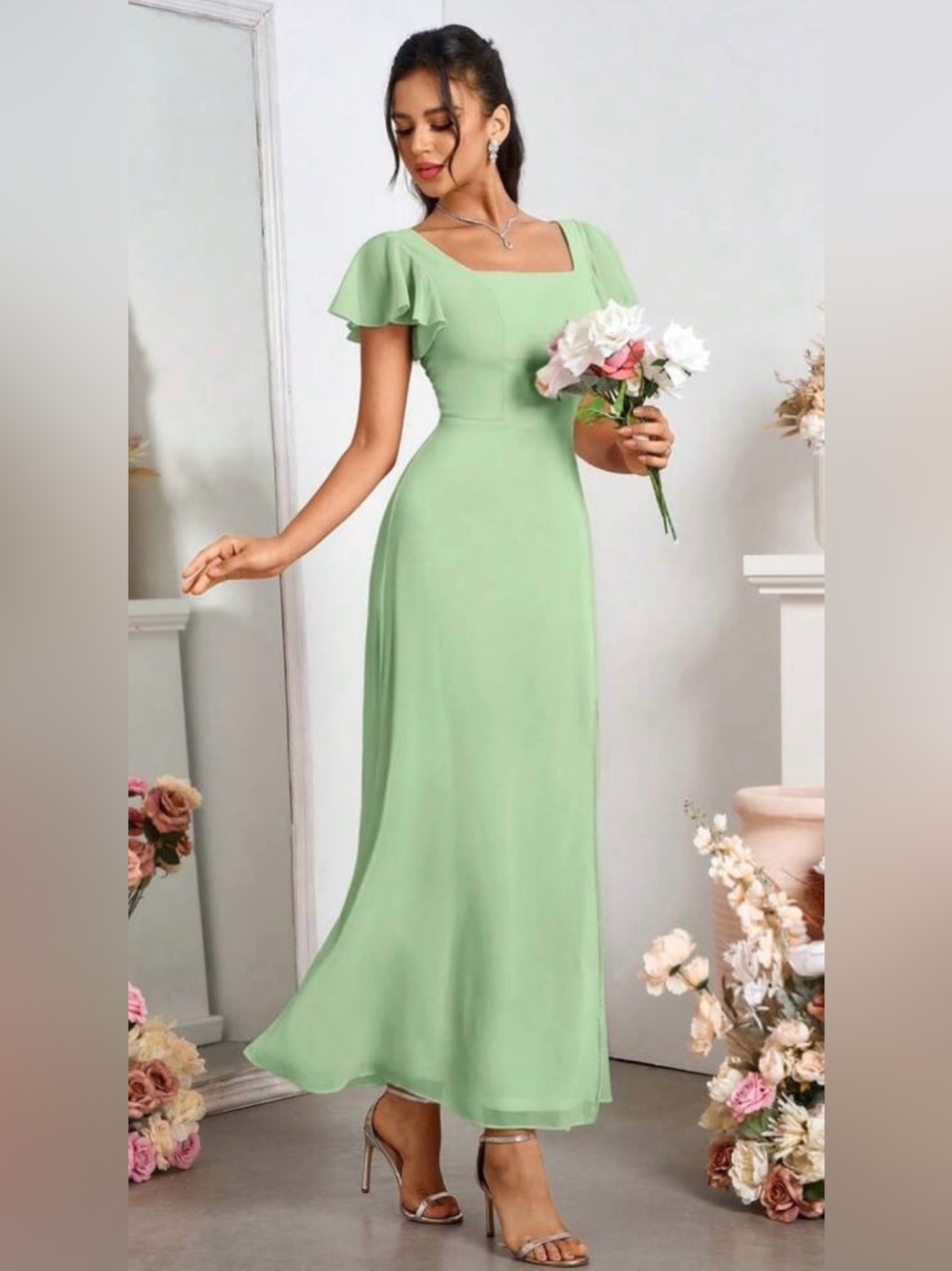 SHEIN Mint Green Square-Neck Flutter Sleeve Maxi Dress